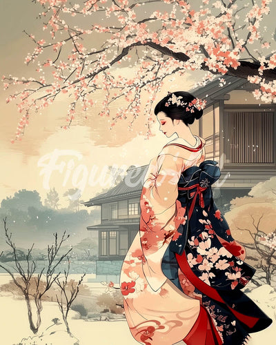 Diamond Painting - Diamond Painting - Escena Vintage de una Geisha en Invierno 40x50cm con bastidor montado
