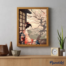 Cargar imagen en el visor de la galería, Diamond Painting - Dama con Kimono Vintage y Sakura 40x50cm con bastidor montado
