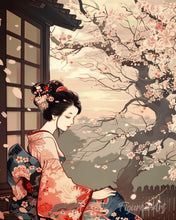 Cargar imagen en el visor de la galería, Diamond Painting - Diamond Painting - Dama con Kimono Vintage y Sakura 40x50cm con bastidor montado