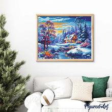Cargar imagen en el visor de la galería, Diamond Painting - Cabaña Invernal junto al Río 40x50cm con bastidor montado