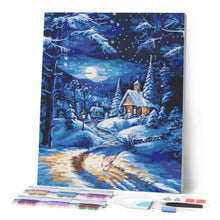 Cargar imagen en el visor de la galería, Diamond Painting - Cabaña Invernal a la Luz de la Luna
