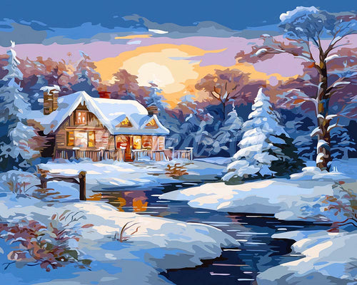 Diamond Painting - Cabaña Invernal al Atardecer