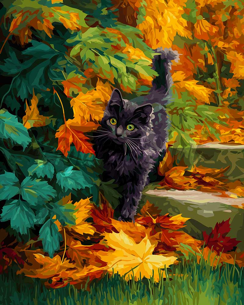 Diamond Painting - Gato negro en otoño