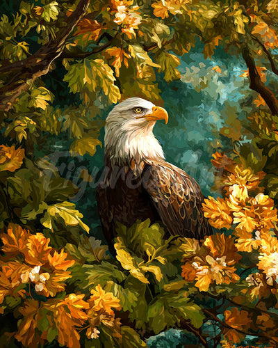 Diamond Painting - Águila entre hojas doradas