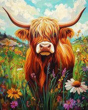 Cargar imagen en el visor de la galería, Diamond Painting - Retrato de Highland Cow flores silvestres