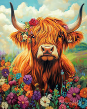 Cargar imagen en el visor de la galería, Diamond Painting - Retrato de Highland Cow flores