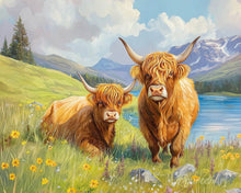 Cargar imagen en el visor de la galería, Diamond Painting - Familia de Highland Cow junto al lago