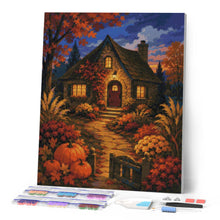 Cargar imagen en el visor de la galería, Diamond Painting - Cabaña iluminada con calabazas al anochecer
