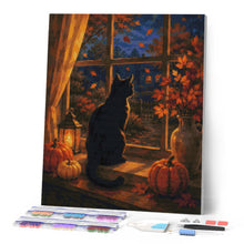 Cargar imagen en el visor de la galería, Diamond Painting - Gato Negro en la Ventana de Calabazas