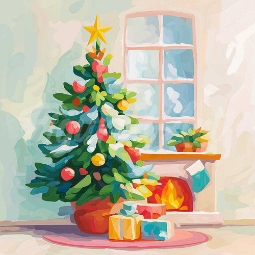 Mini Diamond Painting 25x25cm - Árbol de Navidad y chimenea