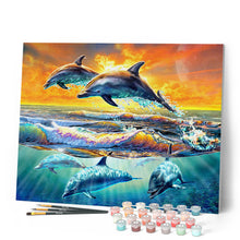 Cargar imagen en el visor de la galería, Pintar por números Amanecer de los delfines Figured'Art Intermedio Novedades Animales Peces Dolfines Paisajes