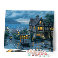 Cargar imagen en el visor de la galería, Pintar por números Tranvía crepuscular Figured'Art Intermedio Novedades Ciudades Paisajes