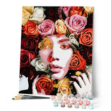 Cargar imagen en el visor de la galería, Pintar por números Cara rosada Figured'Art Intermedio Novedades Flores Retrato Mujer