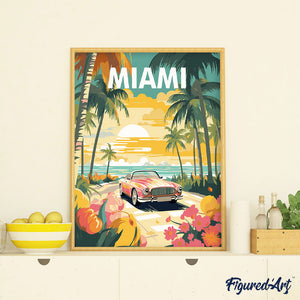 Póster de viaje atardecer en Miami