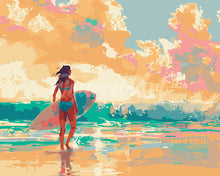 Cargar imagen en el visor de la galería, Pintar por numeros Figured&#39;Art - Chica surfista al amanecer