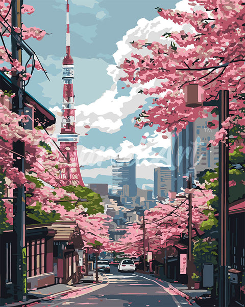 Pintar por numeros - Calle de Cerezos en Flor en Tokyo – Figured'Art