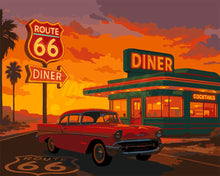 Cargar imagen en el visor de la galería, Pintar por numeros Figured&#39;Art - El Restaurante y el Coche Clásico