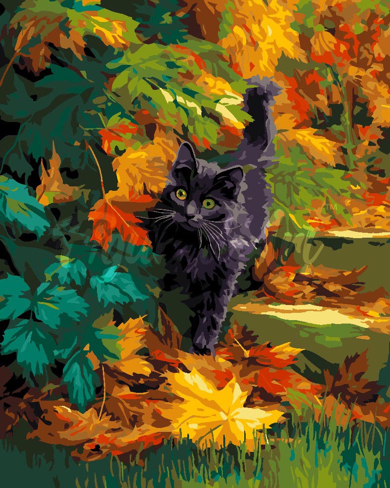 Pintar por numeros Figured'Art - Gato negro en otoño