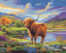 Cargar imagen en el visor de la galería, Pintar por numeros Figured'Art - Highland Cow cielos pintados