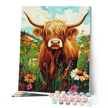 Cargar imagen en el visor de la galería, Retrato de Highland Cow flores silvestres