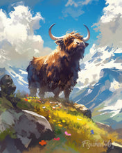 Cargar imagen en el visor de la galería, Pintar por numeros Figured'Art - Highland Cow vista alpina