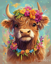 Cargar imagen en el visor de la galería, Pintar por numeros Figured'Art - Highland Cow reina del jardín