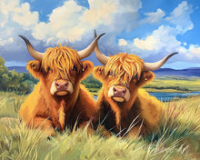 Cargar imagen en el visor de la galería, Pintar por numeros Figured'Art - Highland Cow campo dorado