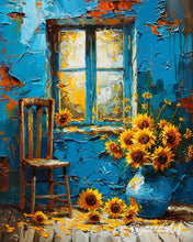 Cargar imagen en el visor de la galería, Pintar por numeros Figured'Art - Girasoles en ventana azul