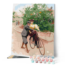 Cargar imagen en el visor de la galería, Pintura vintage de lección de bicicleta romántica