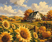 Cargar imagen en el visor de la galería, Pintar por numeros Figured'Art - Campo de Girasoles y Granja Blanca