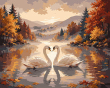 Cargar imagen en el visor de la galería, Pintar por numeros Figured'Art - Cisnes en el Lago Brumoso