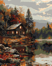 Cargar imagen en el visor de la galería, Pintar por numeros Figured'Art - Cabaña Acogedora junto al Lago Otoñal