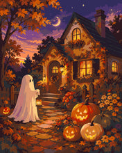 Cargar imagen en el visor de la galería, Pintar por numeros Figured'Art - Fantasma amigable en una casa de calabazas