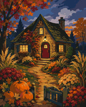 Cargar imagen en el visor de la galería, Pintar por numeros Figured'Art - Cabaña iluminada con calabazas al anochecer