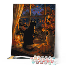 Cargar imagen en el visor de la galería, Gato Negro en la Ventana de Calabazas