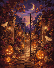 Cargar imagen en el visor de la galería, Pintar por numeros Figured'Art - Puerta encantada del jardín con calabazas de Halloween