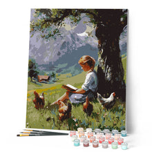 Cargar imagen en el visor de la galería, Pintura vintage de una persona leyendo en el campo