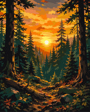 Cargar imagen en el visor de la galería, Pintar por numeros Figured'Art - Bosque de pinos dorados