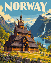 Cargar imagen en el visor de la galería, Pintar por numeros Figured'Art - Póster de Viaje Iglesia de Madera de Borgund, Noruega