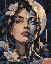 Cargar imagen en el visor de la galería, Pintar por numeros Figured'Art - Mitad Humana Bajo un Halo de Luna