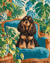 Cargar imagen en el visor de la galería, Pintar por numeros Figured'Art - Cocker Spaniel en un salón selvático