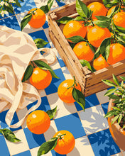 Cargar imagen en el visor de la galería, Pintar por numeros Figured'Art - Naranjas sobre tela de cuadros azules