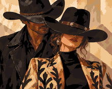Cargar imagen en el visor de la galería, Pintar por numeros Figured'Art - Pareja de vaqueros con sombreros negros