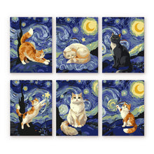 Cargar imagen en el visor de la galería, Mini Pintar por números 15x20cm (6 piezas) - Gatos Noche Estrellada Figured'Art