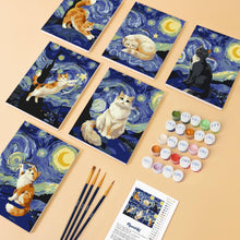 Cargar imagen en el visor de la galería, Mini Pintar por números 15x20cm (6 piezas) - Gatos Noche Estrellada