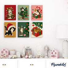 Cargar imagen en el visor de la galería, Mini Pintar por números 15x20cm (6 piezas) - Diversión con Gatitos Navideños