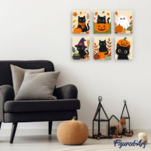 Cargar imagen en el visor de la galería, Mini Pintar por números 15x20cm (6 piezas) - Noche de gatos misteriosa
