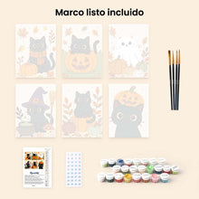Cargar imagen en el visor de la galería, Mini Pintar por números 15x20cm (6 piezas) - Noche de gatos misteriosa