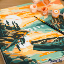 Cargar imagen en el visor de la galería, Mini Pintura por Números 20x20cm con bastidor Póster de Viaje Amanecer en Santorini