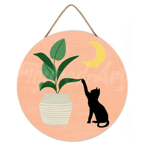 Pintar por Números en Disco de Madera - Gatito y planta con luna